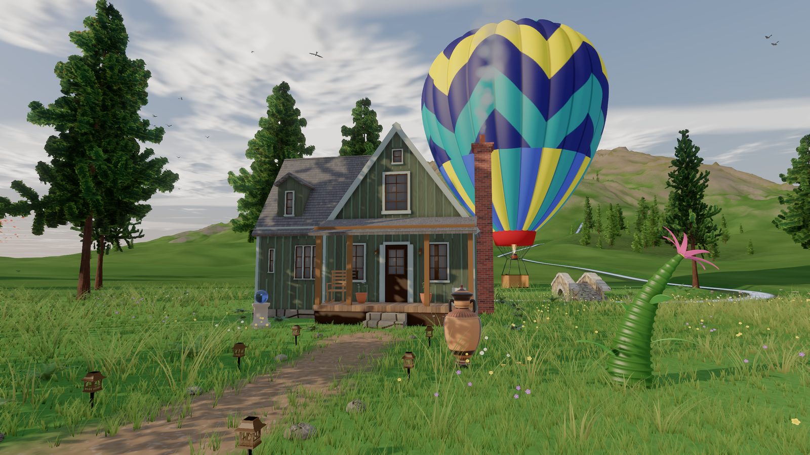 The cottage in the afternoon, the path leading to it, the balloon in the yard, hills behind