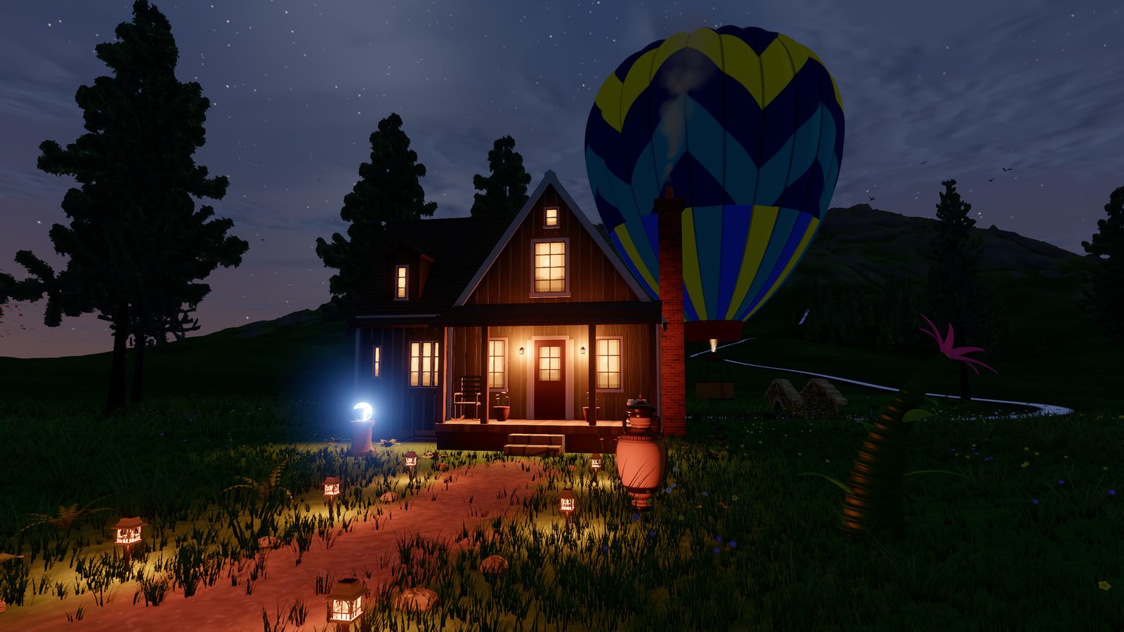 The same view at nightfall, lanterns lit and windows glowing