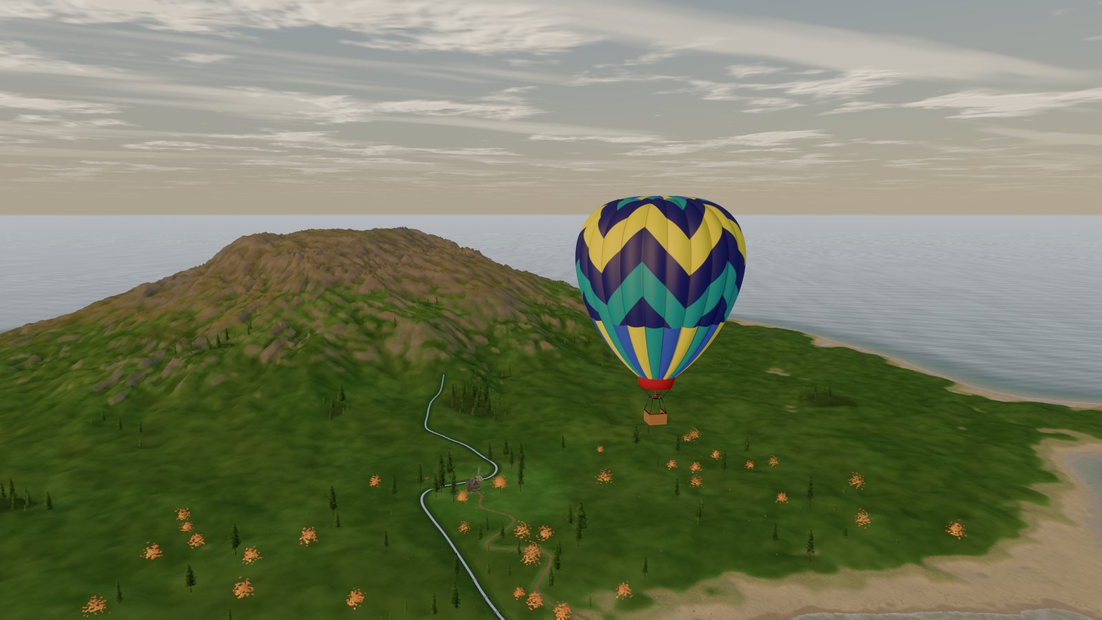 The hot-air balloon in flight in front of the island's mountain