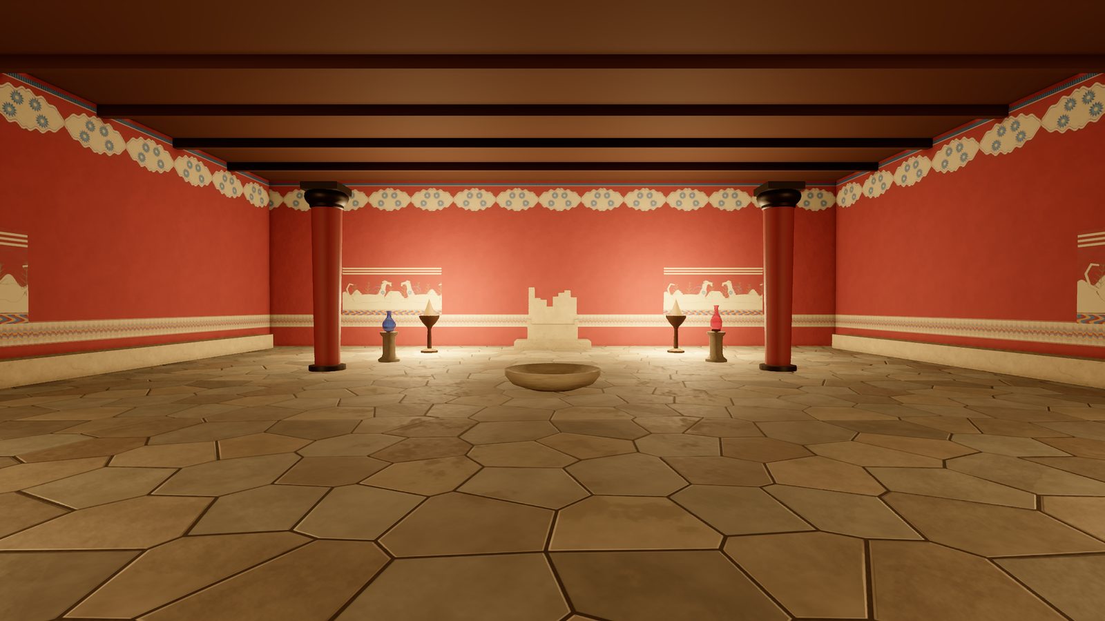 A red throne room beneath the island, with columns, a frieze of griffins and glass vessels on stands