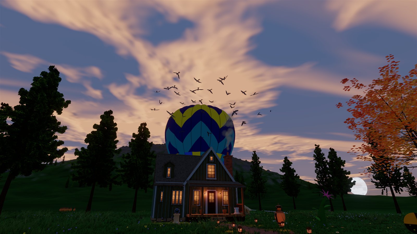 Dusk over the cottage: birds across a pink and blue sky, the moon rising behind the trees, the first lamps lit